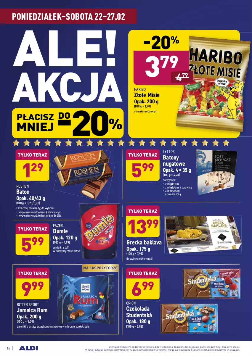 Gazetka promocyjna Aldi - ALE! CENA - ważna 22.02 do 27.02.2021 - strona 16 - produkty: Baton, Crème brûlée, Cukier, Cukierki, Czekolada, Fa, Haribo, Por, Ritter Sport, Rum, Sport, Tera, Tonik