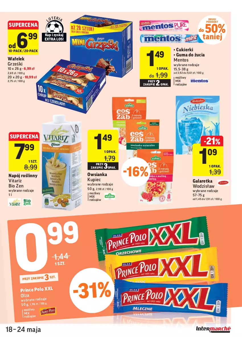 Gazetka promocyjna Intermarche - Swieżo i tanio - ważna 18.05 do 24.05.2021 - strona 25 - produkty: Cukier, Cukierki, Gala, Galaretka, Grześki, Guma do żucia, Kupiec, Mentos, Napój, Napój roślinny, Owsianka, Piec, Wafelek