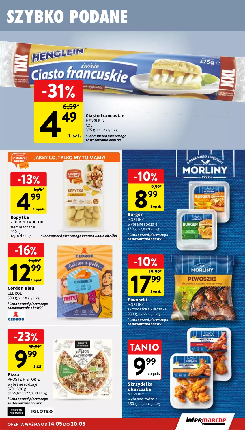 Gazetka promocyjna Intermarche - Gazetka promocyjna - ważna 14.05 do 20.05.2026 - strona 21 - produkty: Burger, Ciasto francuskie, Cordon Bleu, Kopytka, Kurczak, Morliny, Piwo, Pizza, Skrzydełka z kurczaka