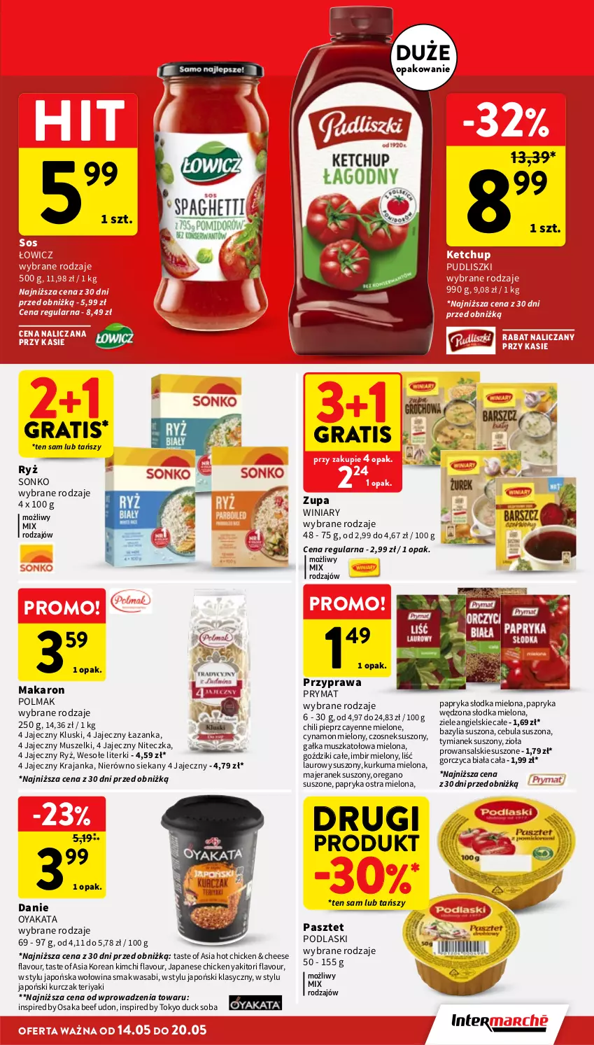 Gazetka promocyjna Intermarche - Gazetka promocyjna - ważna 14.05 do 20.05.2026 - strona 31 - produkty: Bazyl, Bazylia, Cebula, Czosnek, Duck, Gałka, Gra, Imbir, Ketchup, Kurczak, Kurkuma, Laur, Makaron, Mus, Olma, Oregano suszone, Papryka, Papryka słodka, Papryka wędzona, Pasztet, Pieprz, Podlaski, Prymat, Pudliszki, Ryż, Sonko, Sos, Wasa, Winiary, Wołowina, Ziele angielskie, Zupa