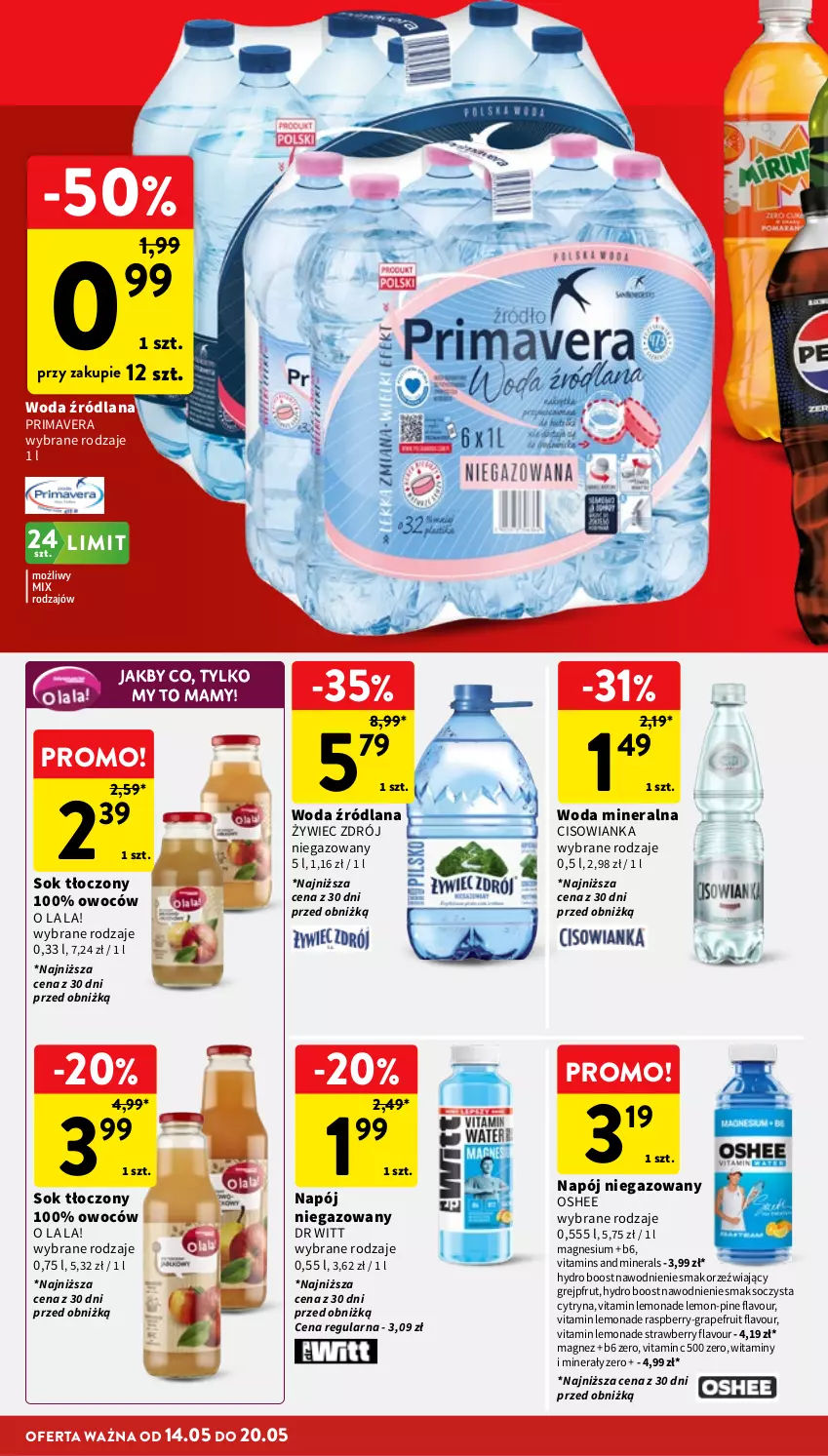 Gazetka promocyjna Intermarche - Gazetka promocyjna - ważna 14.05 do 20.05.2026 - strona 34 - produkty: Cisowianka, Gra, Grejpfrut, LANA, Magnez, Napój, Napój niegazowany, Oshee, Prima, Primavera, Sok, Woda, Woda mineralna