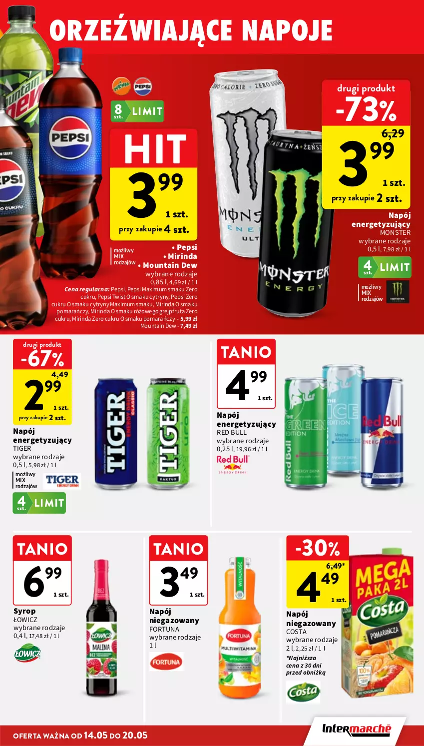 Gazetka promocyjna Intermarche - Gazetka promocyjna - ważna 14.05 do 20.05.2026 - strona 35 - produkty: Cytryny, Fortuna, Gra, Grejpfrut, Mirinda, Napój, Napój niegazowany, Napoje, Pepsi, Pepsi max, Piwa, Red Bull, Syrop, Tiger