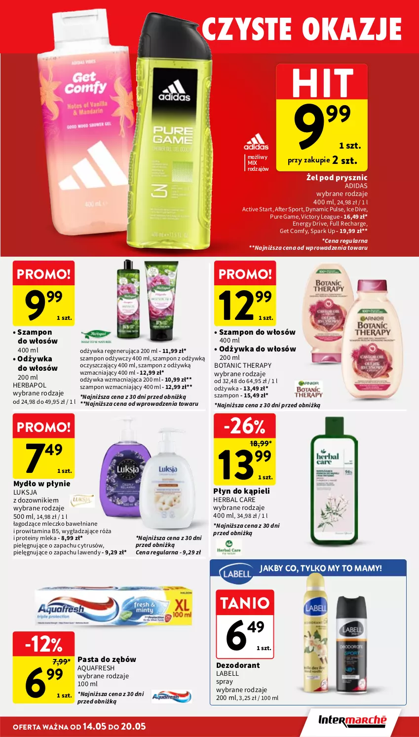 Gazetka promocyjna Intermarche - Gazetka promocyjna - ważna 14.05 do 20.05.2026 - strona 37 - produkty: Adidas, Aquafresh, Bell, Dezodorant, Dozownik, Herbapol, Luksja, Mleczko, Mydło, Mydło w płynie, Odżywka, Pasta do zębów, Płyn do kąpieli, Por, Pur, Róża, Sport, Szampon