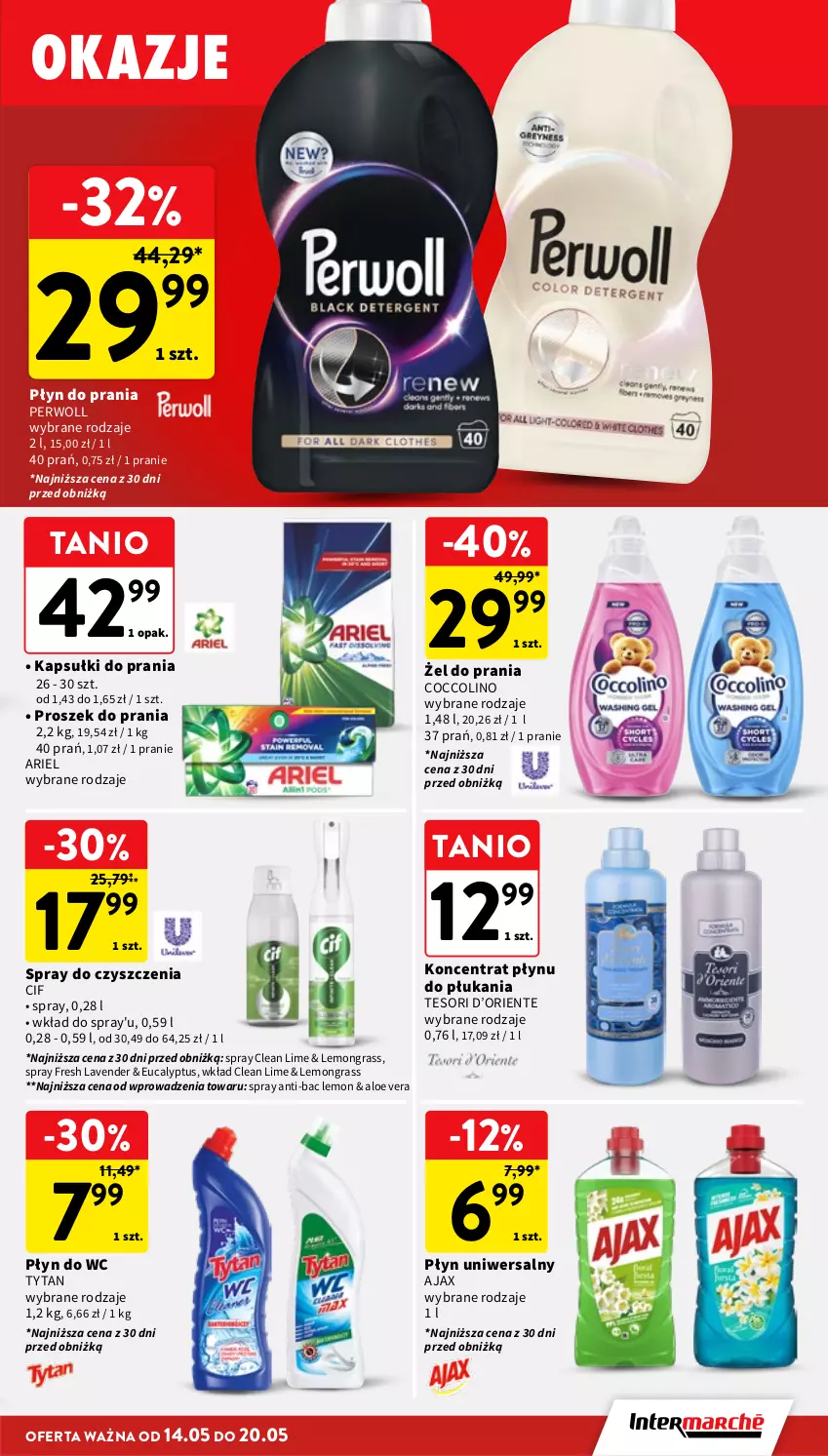 Gazetka promocyjna Intermarche - Gazetka promocyjna - ważna 14.05 do 20.05.2026 - strona 39 - produkty: Ajax, Aloe vera, Ariel, Cif, Coccolino, Gra, Kapsułki do prania, Perwoll, Płyn do prania, Płyn do wc, Proszek do prania, Spray do czyszczenia, Tytan