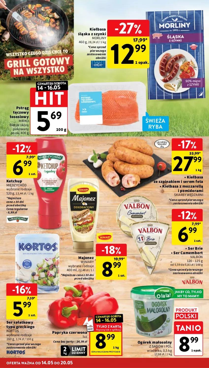 Gazetka promocyjna Intermarche - Gazetka promocyjna - ważna 14.05 do 20.05.2026 - strona 6 - produkty: Brie, Camembert, Feta, Ketchup, Kiełbasa, Kiełbasa śląska, Majonez, Morliny, Ogórek, Papryka, Papryka czerwona, Pstrąg, Pstrąg tęczowy, Ryba, Sałat, Ser, Sos, Szpinak, Winiary