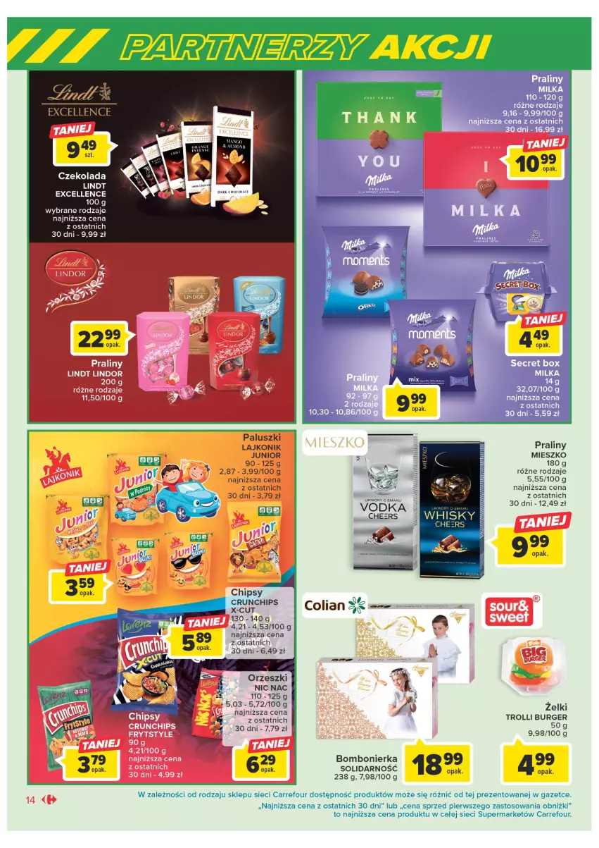 Gazetka promocyjna Carrefour - Gazetka Marki znane i lubiane - ważna 09.05 do 27.05.2023 - strona 14 - produkty: Burger, Chipsy, Crunchips, Czekolada, Lajkonik, Lindt, Milka, Orzeszki, Praliny