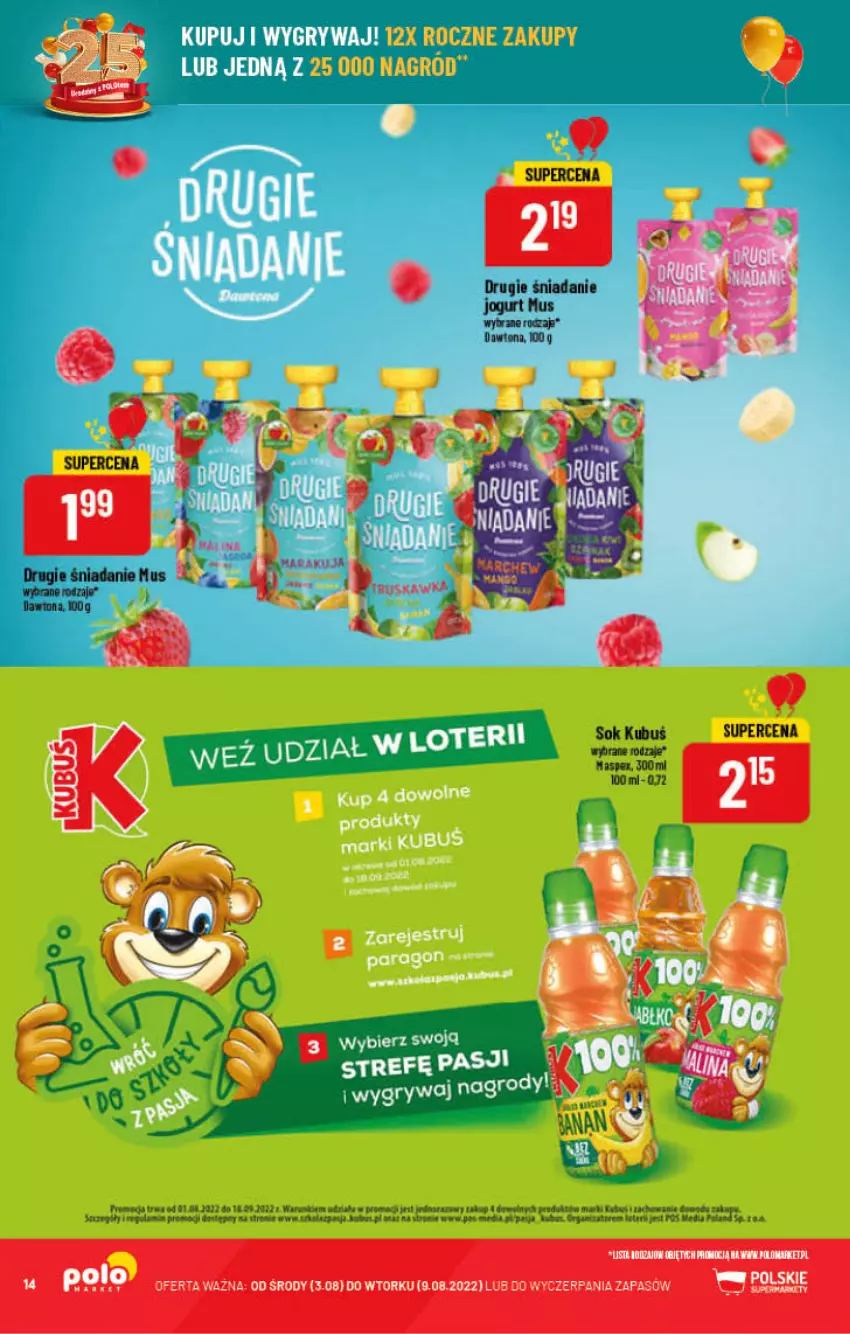 Gazetka promocyjna PoloMarket - Gazetka pomocyjna - ważna 03.08 do 09.08.2022 - strona 14 - produkty: Jogurt, Kubuś, Mus, Sok