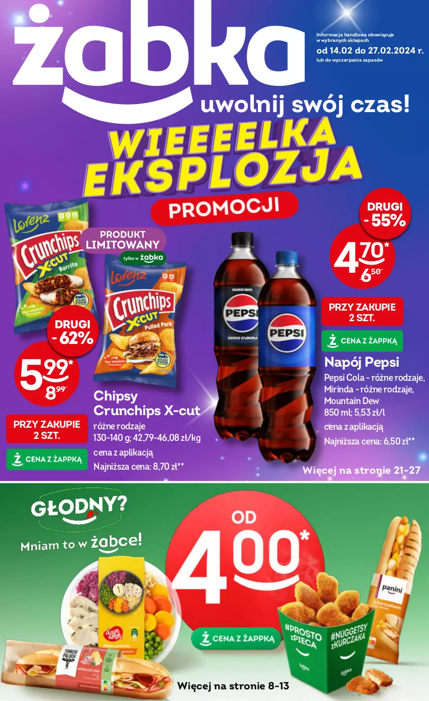 Gazetka promocyjna Żabka - ważna 14.02 do 27.02.2024 - strona 1 - produkty: Chipsy, Crunchips, Mirinda, Napój, Pepsi