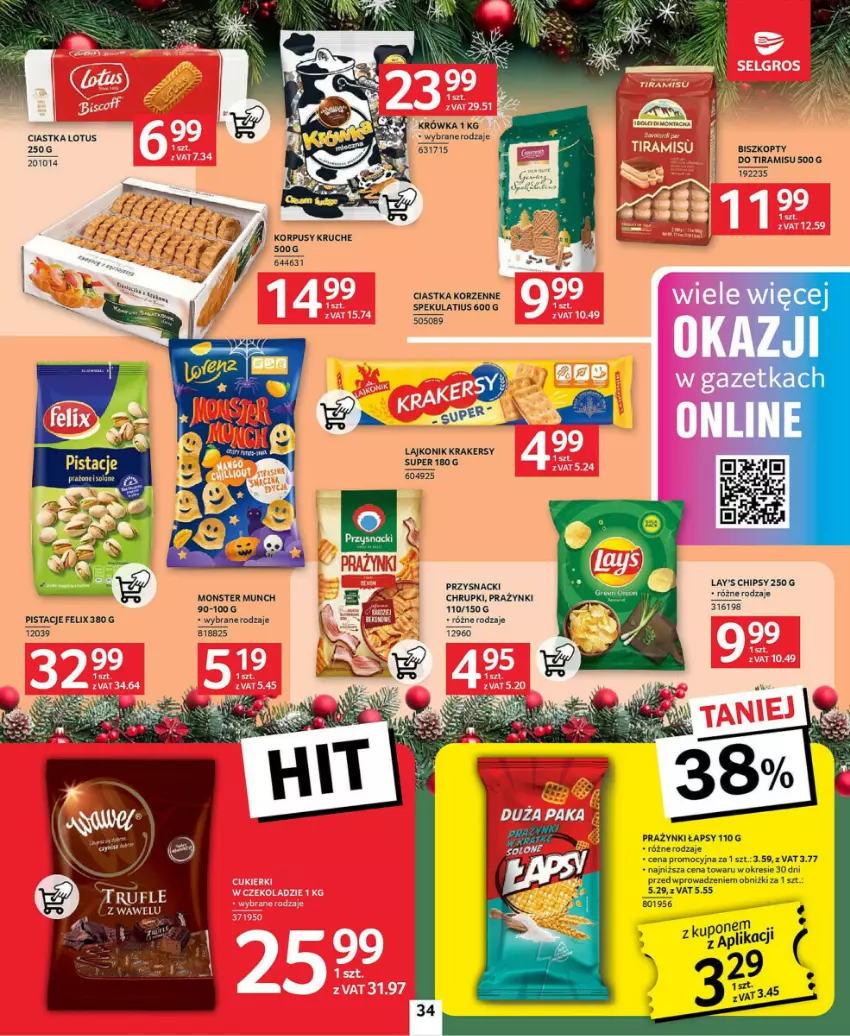 Gazetka promocyjna Selgros - ważna 21.11 do 04.12.2024 - strona 28 - produkty: Chipsy, Chrupki, Ciastka, Felix, Korpusy, Krakersy, Lajkonik, Monster Munch, Pistacje, Przysnacki