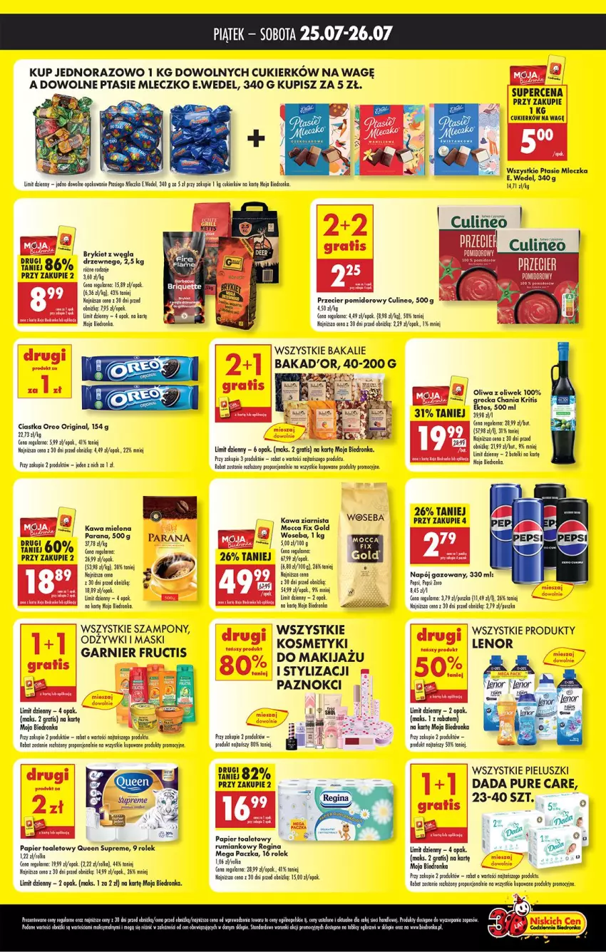 Gazetka promocyjna Biedronka - Tani Weekend - ważna 25.07 do 26.07.2025 - strona 2 - produkty: Ciastka, Cukier, Dada, E. Wedel, Fa, Fructis, Garnier, Gin, Gra, Kawa, Kawa mielona, Lenor, Miecz, Mleczko, Oliwa, Oliwa z oliwek, Oreo, Papier, Papier toaletowy, Pepsi, Por, Ptasie mleczko, Pur, Robot, Rum, Szampon, Woseba