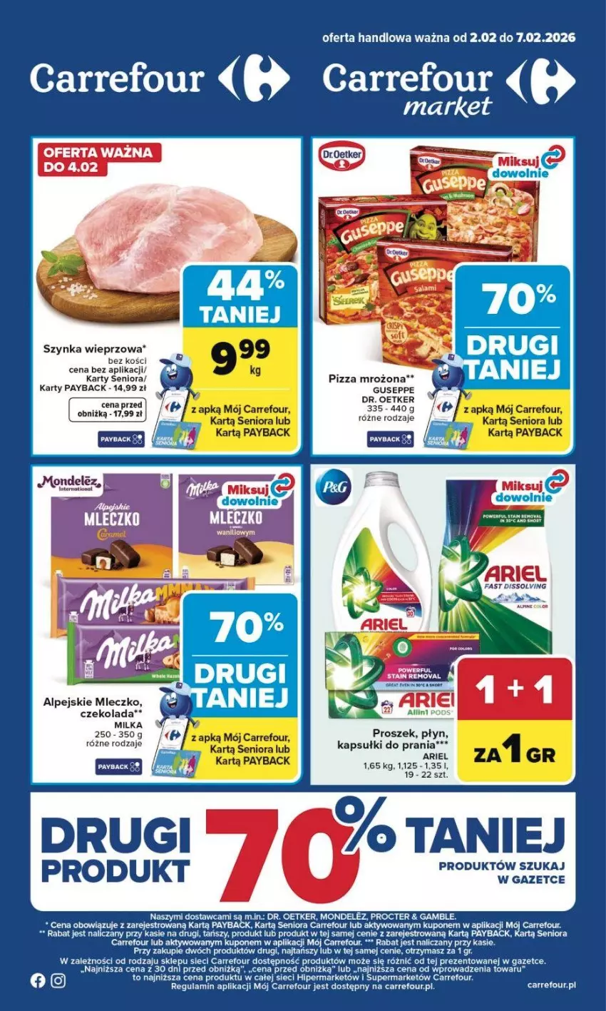Gazetka promocyjna Carrefour - Gazetka Carrefour, Market od poniedziałku! - ważna 02.02 do 07.02.2026 - strona 1 - produkty: Ariel, Czekolada, Dr. Oetker, Fa, Kapsułki do prania, Milka, Mleczko, O nas, Pizza, Szynka, Szynka wieprzowa