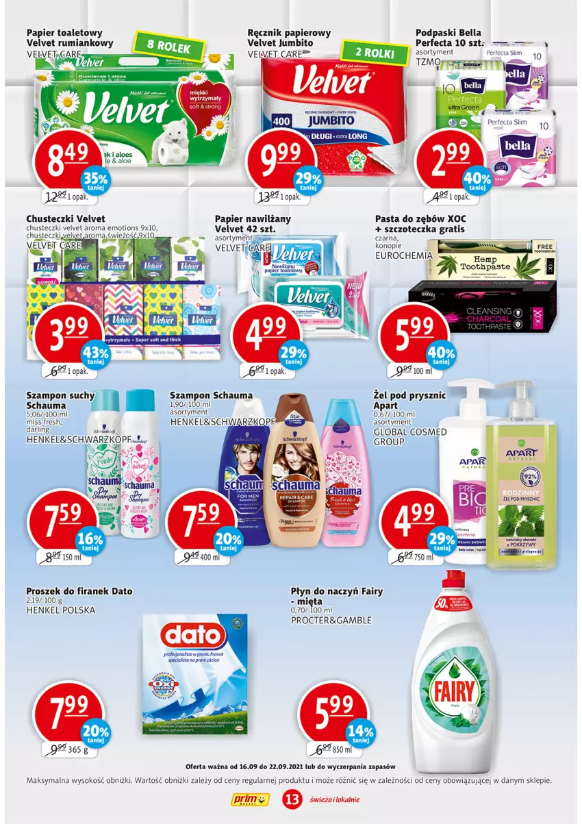 Gazetka promocyjna Prim Market - Gazetka - ważna 16.09 do 22.09.2021 - strona 13 - produkty: Bell, Bella, Chusteczki, Fa, Fairy, Gra, HP, LG, Mięta, Papier, Papier toaletowy, Pasta do zębów, Perfecta, Podpaski, Ręcznik, Rum, Schauma, Sok, Suchy szampon, Szampon, Szczoteczka, Velvet