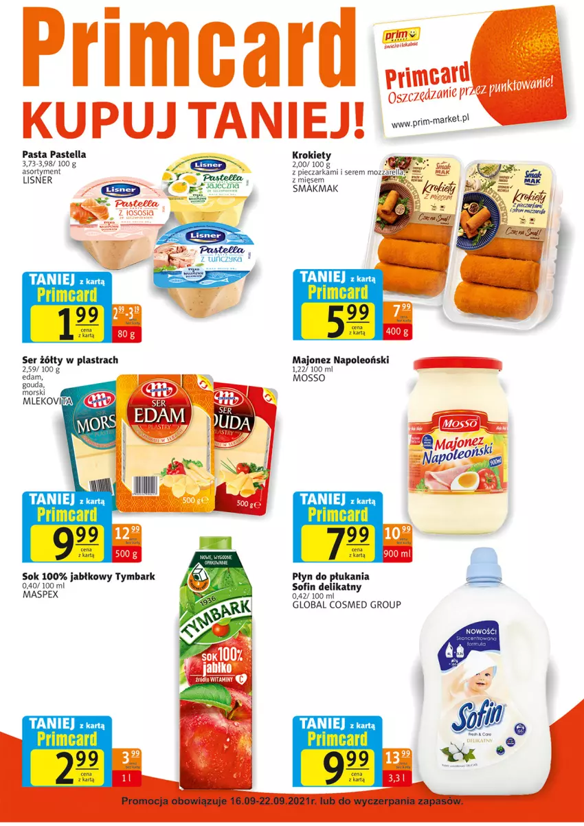 Gazetka promocyjna Prim Market - Gazetka - ważna 16.09 do 22.09.2021 - strona 7 - produkty: Edam, Gouda, Lisner, Majonez, Mleko, Mlekovita, Mozzarella, Oleo, Pastella, Piec, Pieczarka, Płyn do płukania, Ser, Sok, Tuńczyk, Tymbark