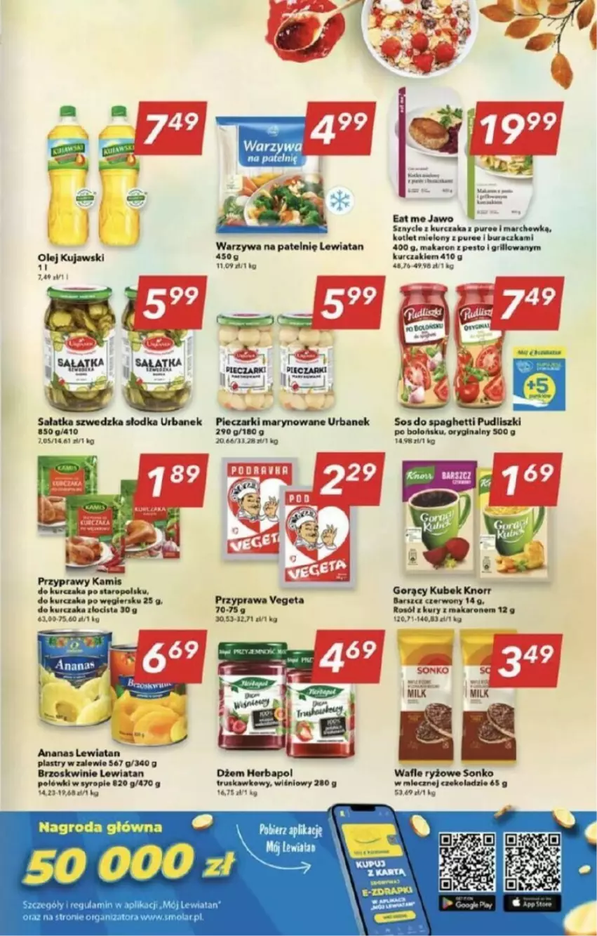 Gazetka promocyjna Lewiatan - ważna 28.09 do 04.10.2023 - strona 5 - produkty: Ananas, Brzoskwinie, Dżem, Gin, Grill, Kamis, Knorr, Kotlet, Kubek, Kujawski, Kurczak, Makaron, Olej, Pesto, Przyprawy, Pudliszki, Pur, Rosół, Ryż, Sałat, Sałatka, Sonko, Spaghetti, Syrop, Vegeta, Wafle, Warzywa