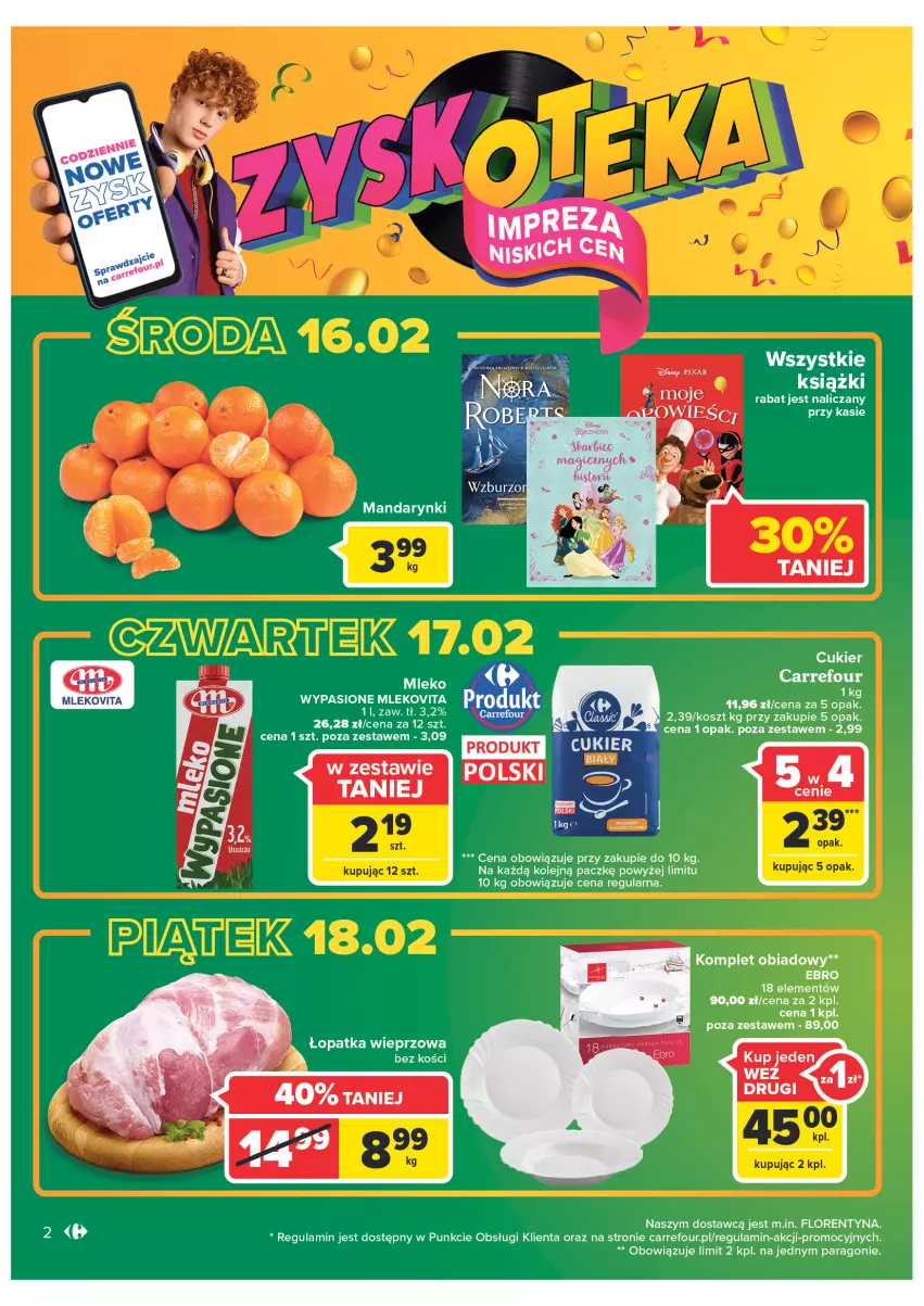 Gazetka promocyjna Carrefour - Gazetka Market Zyskoteka - ważna 15.02 do 21.02.2022 - strona 2 - produkty: Cukier, Komplet obiadowy, Kosz, Mandarynki, Mleko, Mlekovita, Olej