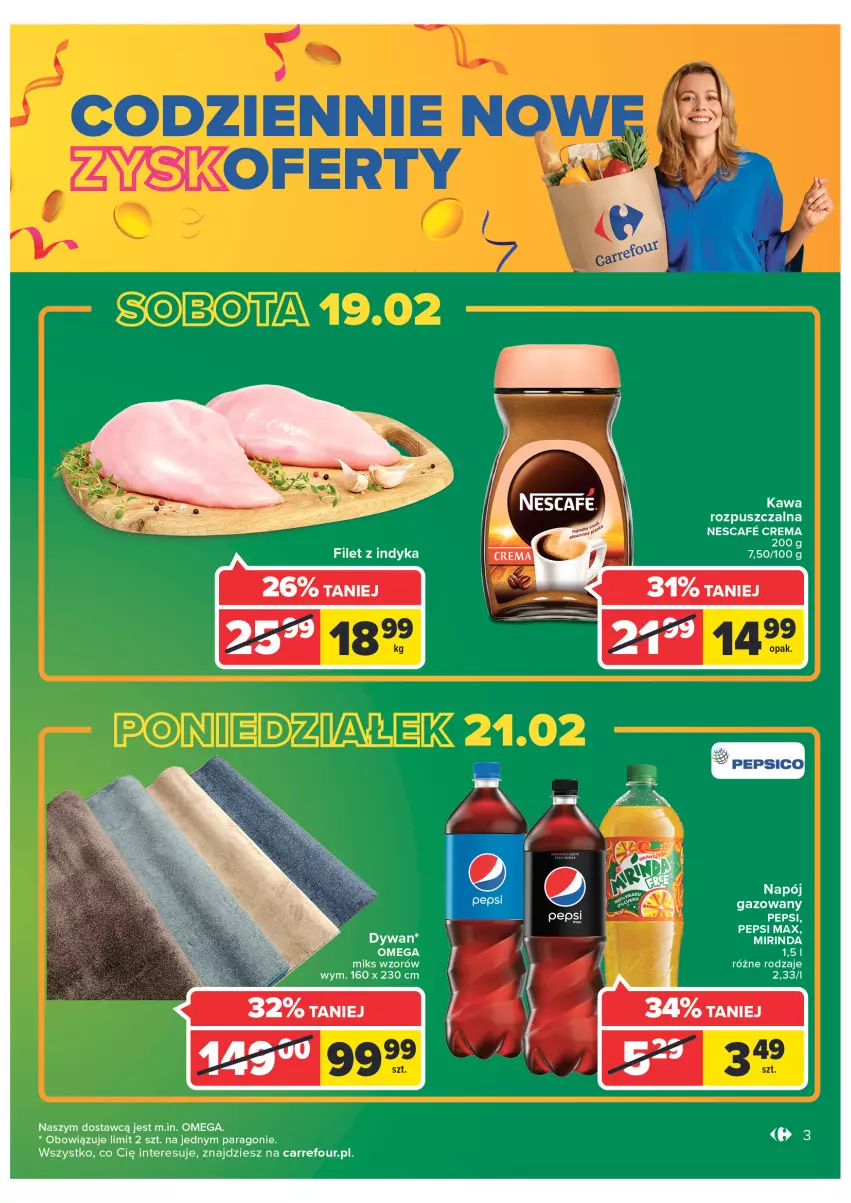 Gazetka promocyjna Carrefour - Gazetka Market Zyskoteka - ważna 15.02 do 21.02.2022 - strona 3 - produkty: Dywan, Kawa, Kawa rozpuszczalna, Napój, Napój gazowany, Pepsi, Pepsi max