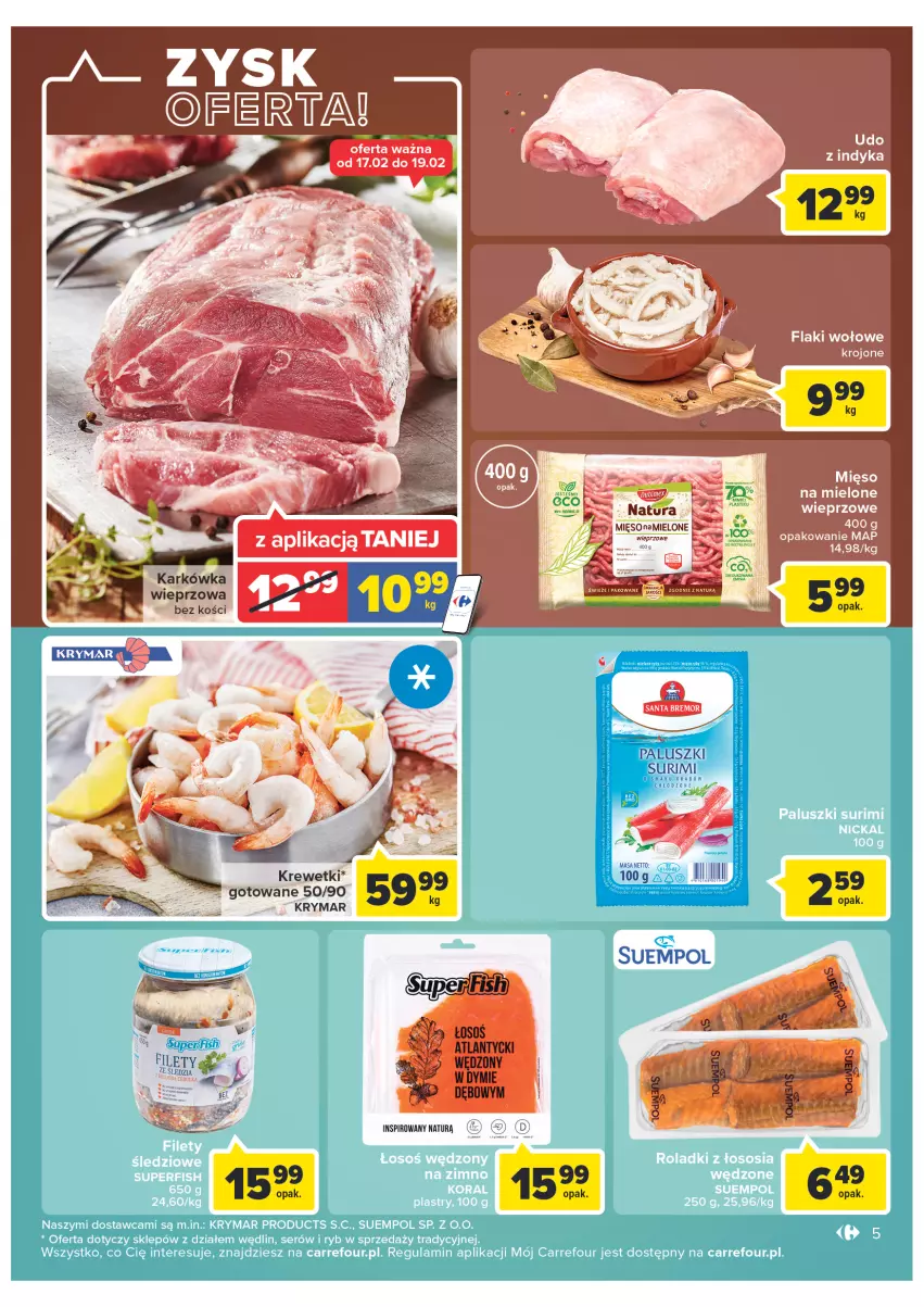 Gazetka promocyjna Carrefour - Gazetka Market Zyskoteka - ważna 15.02 do 21.02.2022 - strona 5 - produkty: Flaki, Flaki wołowe, Krewetki, Mięso, Surimi