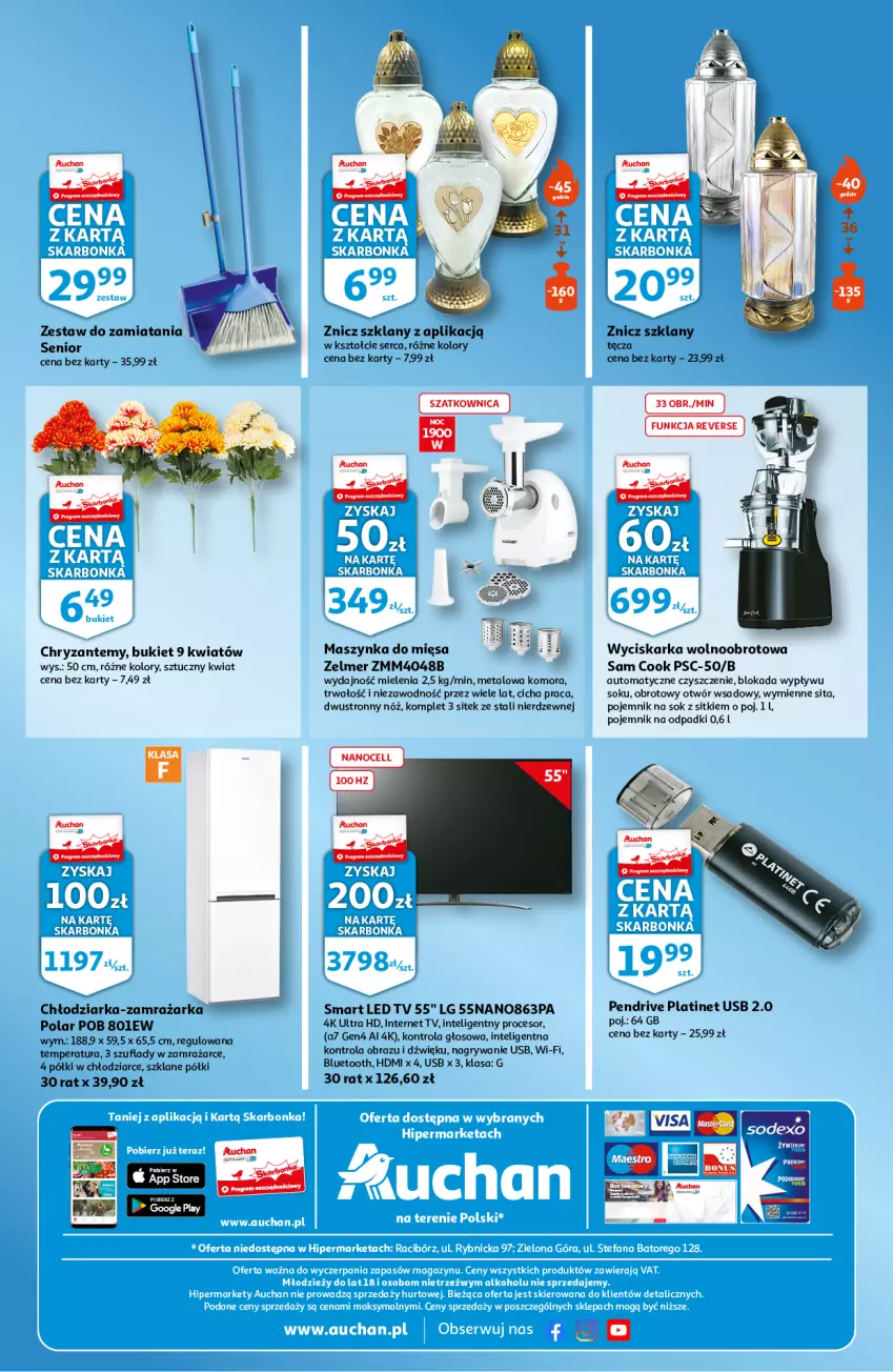 Gazetka promocyjna Auchan - Skarbonka #41 - ważna 14.10 do 20.10.2021 - strona 4 - produkty: Bukiet, Chłodziarka, Fa, Gry, Intel, LED TV, LG, Maszynka, Obraz, Pendrive, PLATINET, Pojemnik, Procesor, Ser, Sok, Szatkownica, Sztuczny kwiat, Szynka, Wyciskarka, Wyciskarka wolnoobrotowa, Zamrażarka, Zelmer, Znicz