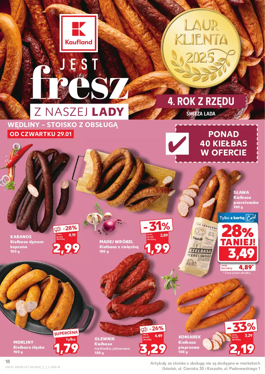 Gazetka promocyjna Kaufland - Gazetka tygodnia - ważna 29.01 do 04.02.2026 - strona 18 - produkty: Kabanos, Kiełbasa, Kiełbasa śląska, Kosz, Madej Wróbel, Morliny, Olewnik, Pieprz, Szal