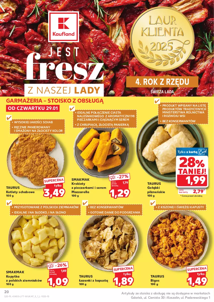 Gazetka promocyjna Kaufland - Gazetka tygodnia - ważna 29.01 do 04.02.2026 - strona 20 - produkty: Bigos, Kapustą, Kopytka, Kosz, Kotlet, Krokiety, Mozzarella, Piec, Pieczarka, Ser, Sok, Szal