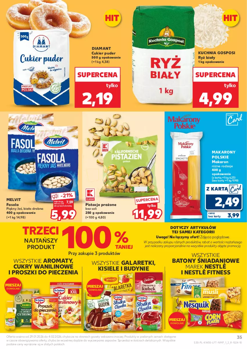 Gazetka promocyjna Kaufland - Gazetka tygodnia - ważna 29.01 do 04.02.2026 - strona 35 - produkty: Baton, Cukier, Cukier puder, Danio, Diamant, Fa, Fasola, Gala, Galaretki, Kisiel, Kuchnia, Makaron, Melvit, Nestlé, Piec, Pistacje, Por, Puder, Ryż, Ryż biały, Waga
