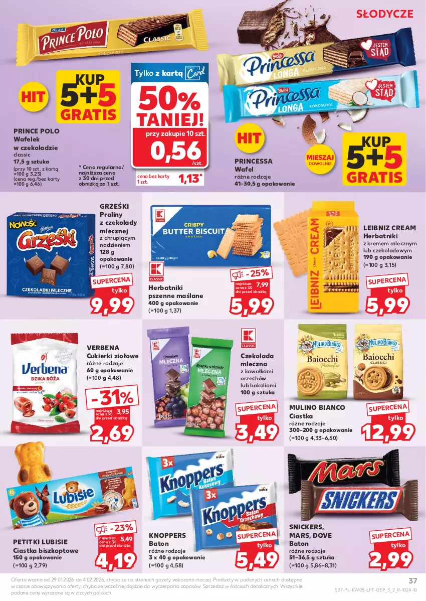 Gazetka promocyjna Kaufland - Gazetka tygodnia - ważna 29.01 do 04.02.2026 - strona 37 - produkty: Baton, Ciastka, Cukier, Cukierki, Czekolada, Czekolada mleczna, Dove, Gra, Grześki, Herbatniki, Kawa, Knoppers, Lubisie, Mars, Praliny, Prince Polo, Princessa, Snickers, Wafelek