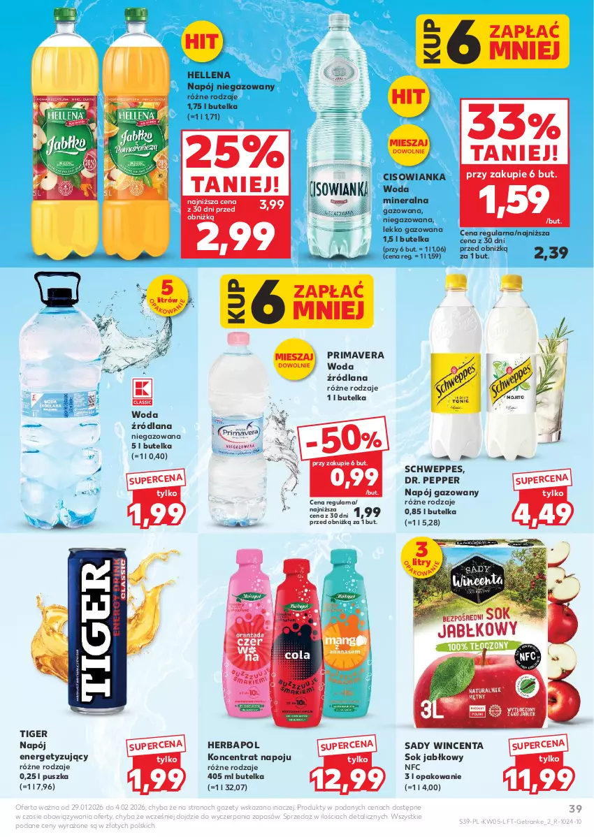 Gazetka promocyjna Kaufland - Gazetka tygodnia - ważna 29.01 do 04.02.2026 - strona 39 - produkty: Cisowianka, Hellena, Herbapol, LANA, Napój, Napój gazowany, Napój niegazowany, Prima, Primavera, Schweppes, Sok, Sok jabłkowy, Tiger, Tran, Woda, Woda mineralna