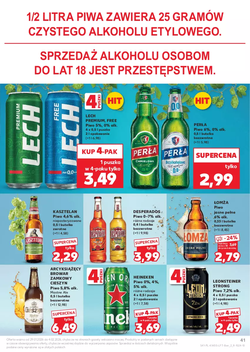 Gazetka promocyjna Kaufland - Gazetka tygodnia - ważna 29.01 do 04.02.2026 - strona 41 - produkty: Desperados, Gra, Heineken, Kasztelan, Lech Premium, Leon, Perła, Piwa, Piwo, Piwo jasne