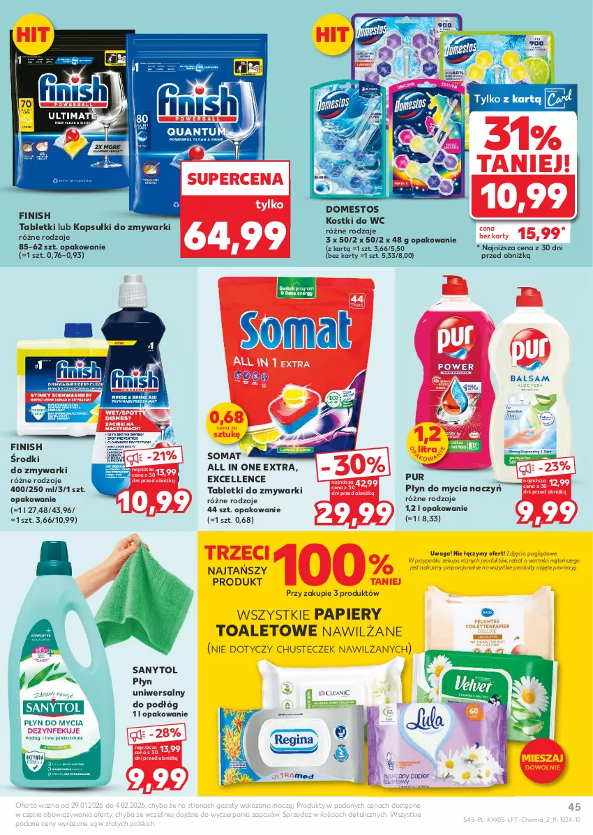 Gazetka promocyjna Kaufland - Gazetka tygodnia - ważna 29.01 do 04.02.2026 - strona 45 - produkty: Do mycia naczyń, Domestos, Finish, Papier, Płyn do mycia, Płyn do mycia naczyń, Por, Pur, Sanytol, Somat, Tablet, Tabletki do zmywarki, Waga, Zmywarki