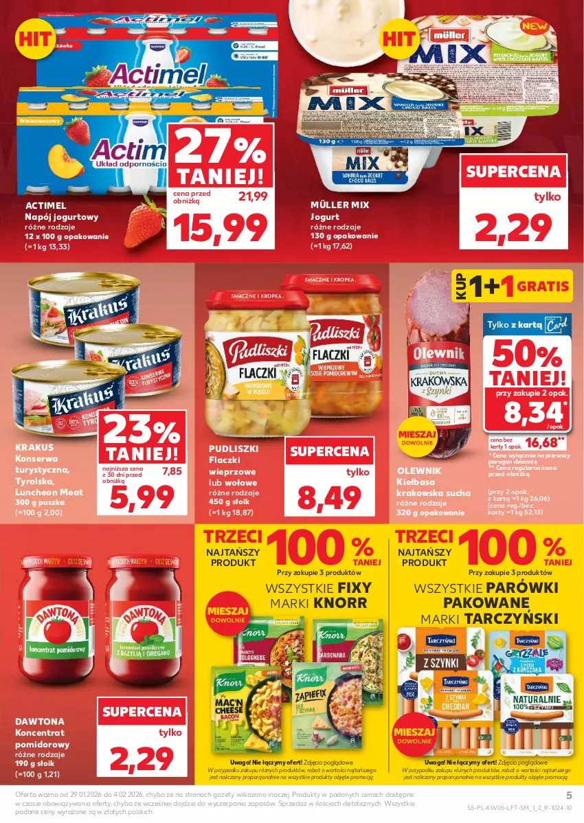 Gazetka promocyjna Kaufland - Gazetka tygodnia - ważna 29.01 do 04.02.2026 - strona 5 - produkty: Actimel, Dawtona, Gra, Jogurt, Kiełbasa, Kiełbasa krakowska, Knorr, Koncentrat pomidorowy, Konserwa turystyczna, Krakus, Müller, Müller Mix, Napój, Napój jogurtowy, Olewnik, Parówki, Por, Pudliszki, Ser, Tarczyński, Waga
