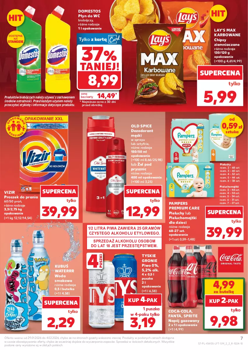 Gazetka promocyjna Kaufland - Gazetka tygodnia - ważna 29.01 do 04.02.2026 - strona 7 - produkty: Chipsy, Coca-Cola, Dezodorant, Domestos, Dzieci, Fa, Fanta, Gra, Kubuś, Kubuś Waterrr, Lay’s, Majtki, Napój, Napój gazowany, Old Spice, Pampers, Pieluchomajtki, Pieluchy, Piwa, Piwo, Płyn do wc, Proszek do prania, Sprite, Tyskie, Vizir, Woda