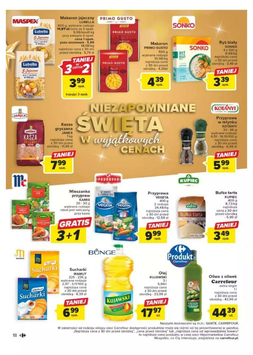 Gazetka promocyjna Carrefour - ważna 11.12 do 17.12.2023 - strona 10 - produkty: Bell, Bella, Bułka, Bułka tarta, Gry, Kasza, Kosz, Kujawski, Kupiec, Lubella, Makaron, Olej, Oliwa, Oliwa z oliwek, Piec, Ryż, Sante, Tarta, Vegeta