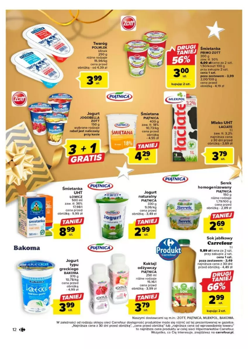 Gazetka promocyjna Carrefour - ważna 11.12 do 17.12.2023 - strona 4 - produkty: Bakoma, Jogurt, Parka, Piątnica, Por, Ser, Serek, Sok, Sok jabłkowy, Twaróg, Zott