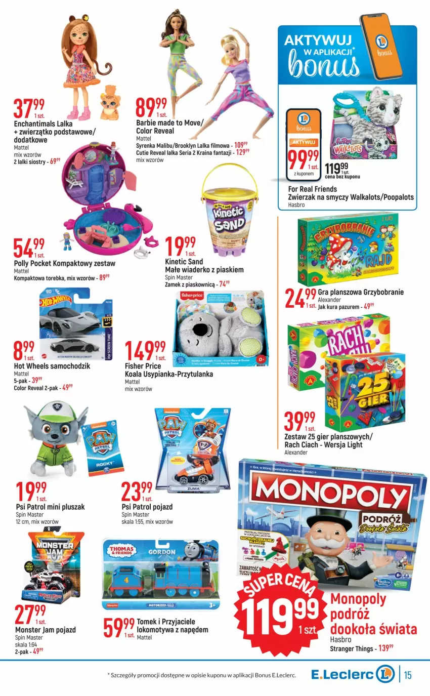 Gazetka promocyjna E Leclerc - ważna 20.09 do 01.10.2022 - strona 15 - produkty: Barbie, Chodzik, Enchantimals, Fa, Fanta, Gra, Hasbro, Hot Wheels, Lalka, Malibu, Mattel, Monopoly, Pluszak, Pojazd, Polly Pocket, Psi Patrol, Ser, Smycz, Torebka, Tran