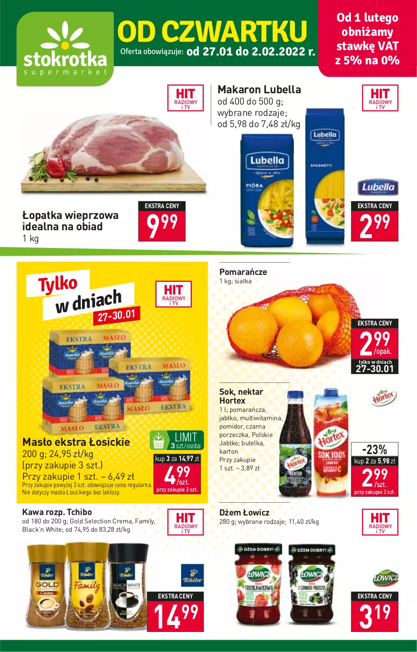 Gazetka promocyjna Stokrotka - Supermarket - ważna 27.01 do 02.02.2022 - strona 1 - produkty: Bell, Bella, Dżem, Fa, Hortex, Kawa, Lack, Lubella, Makaron, Masło, Nektar, Pomarańcze, Por, Siatka, Sok, Tchibo