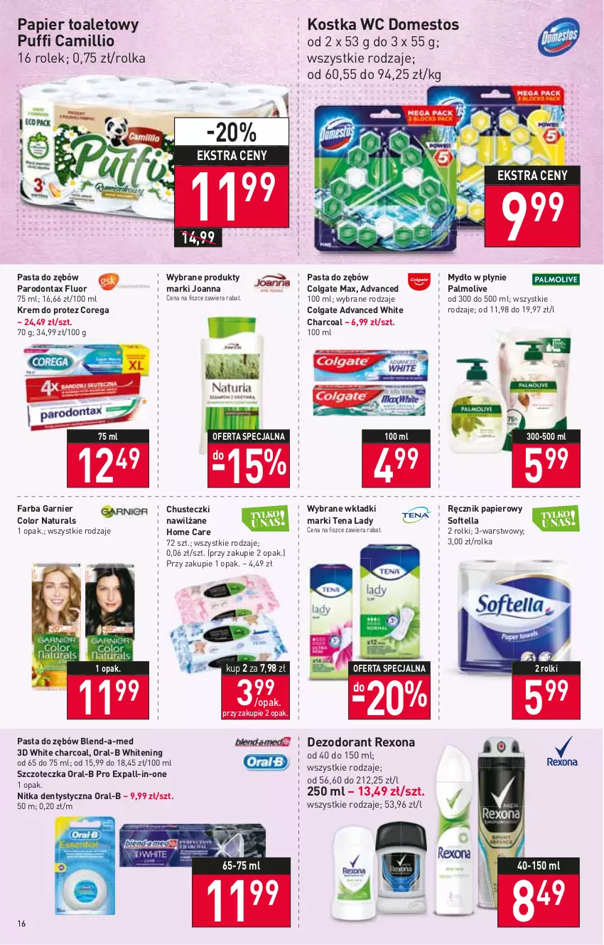 Gazetka promocyjna Stokrotka - Supermarket - ważna 27.01 do 02.02.2022 - strona 16 - produkty: Blend-a-Med, Chusteczki, Colgate, Corega, Dezodorant, Domestos, Fa, Garnier, Joanna, LG, Mydło, Mydło w płynie, Palmolive, Papier, Papier toaletowy, Parodontax, Pasta do zębów, Puf, Ręcznik, Rexona, Rolki, Szczoteczka, Wkładki