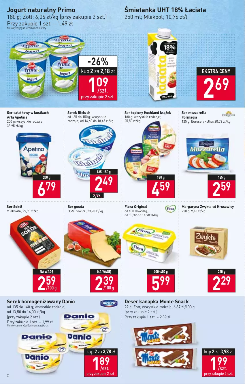 Gazetka promocyjna Stokrotka - Supermarket - ważna 27.01 do 02.02.2022 - strona 2 - produkty: Bieluch, Danio, Deser, Flora, Gin, Gouda, Hochland, Jogurt, Jogurt naturalny, Margaryna, Mleko, Mlekovita, Monte, Mozzarella, Sałat, Ser, Ser topiony, Serek, Serek homogenizowany, Sok, Sokół, Top, Zott