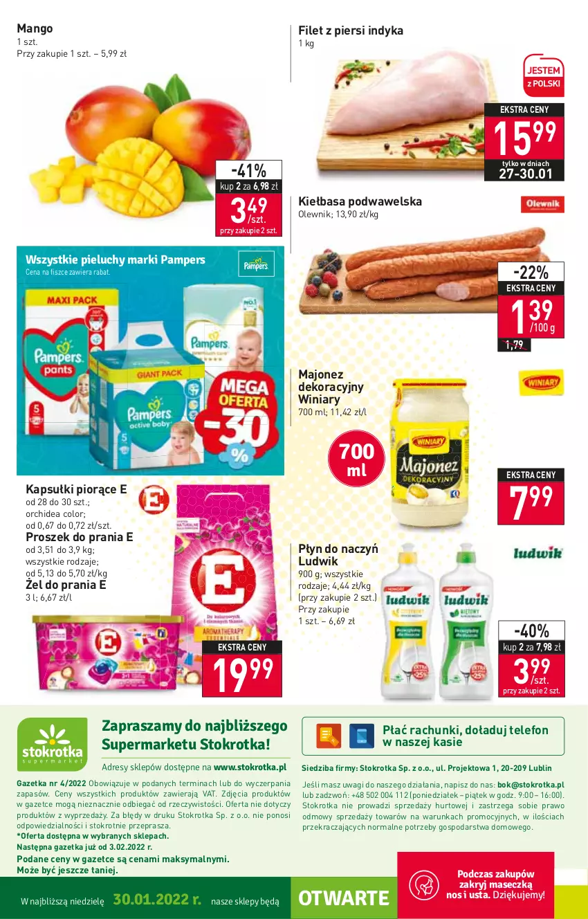 Gazetka promocyjna Stokrotka - Supermarket - ważna 27.01 do 02.02.2022 - strona 20 - produkty: Filet z piersi indyka, Kiełbasa, Kiełbasa podwawelska, Ludwik, Majonez, Mango, O nas, Olewnik, Proszek do prania, Telefon, Wagi, Wawel, Winiary