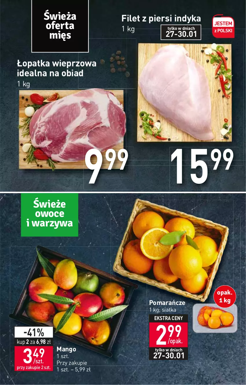 Gazetka promocyjna Stokrotka - Supermarket - ważna 27.01 do 02.02.2022 - strona 6 - produkty: Filet z piersi indyka, Mango, Pomarańcze, Siatka