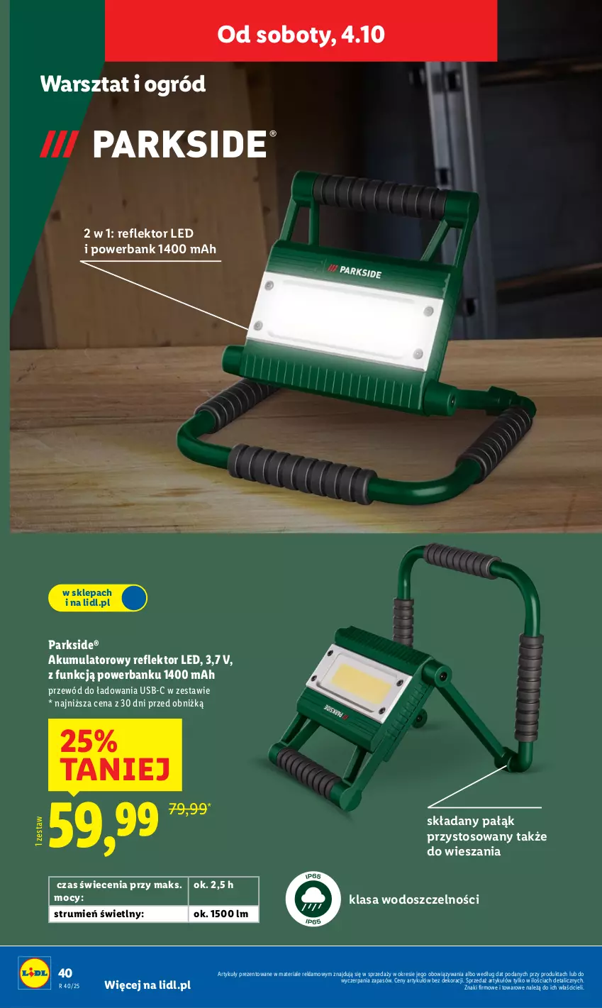 Gazetka promocyjna Lidl - GAZETKA - ważna 29.09 do 04.10.2025 - strona 50 - produkty: Akumulator, Ogród, Parkside, Powerbank, Przewód, Reflektor, Reflektor LED, Rum