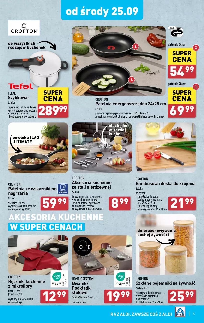 Gazetka promocyjna Aldi - Artykuły przemysłowe i tekstylia - ważna 23.09 do 28.09.2024 - strona 5 - produkty: Ananas, Bieżnik, Deska do krojenia, Fa, Kosz, Noż, Patelnia, Podkład, Pojemnik, Por, Ręcznik, Sok, Szybkowar, Tefal, Trzepaczka, Wyciskarka