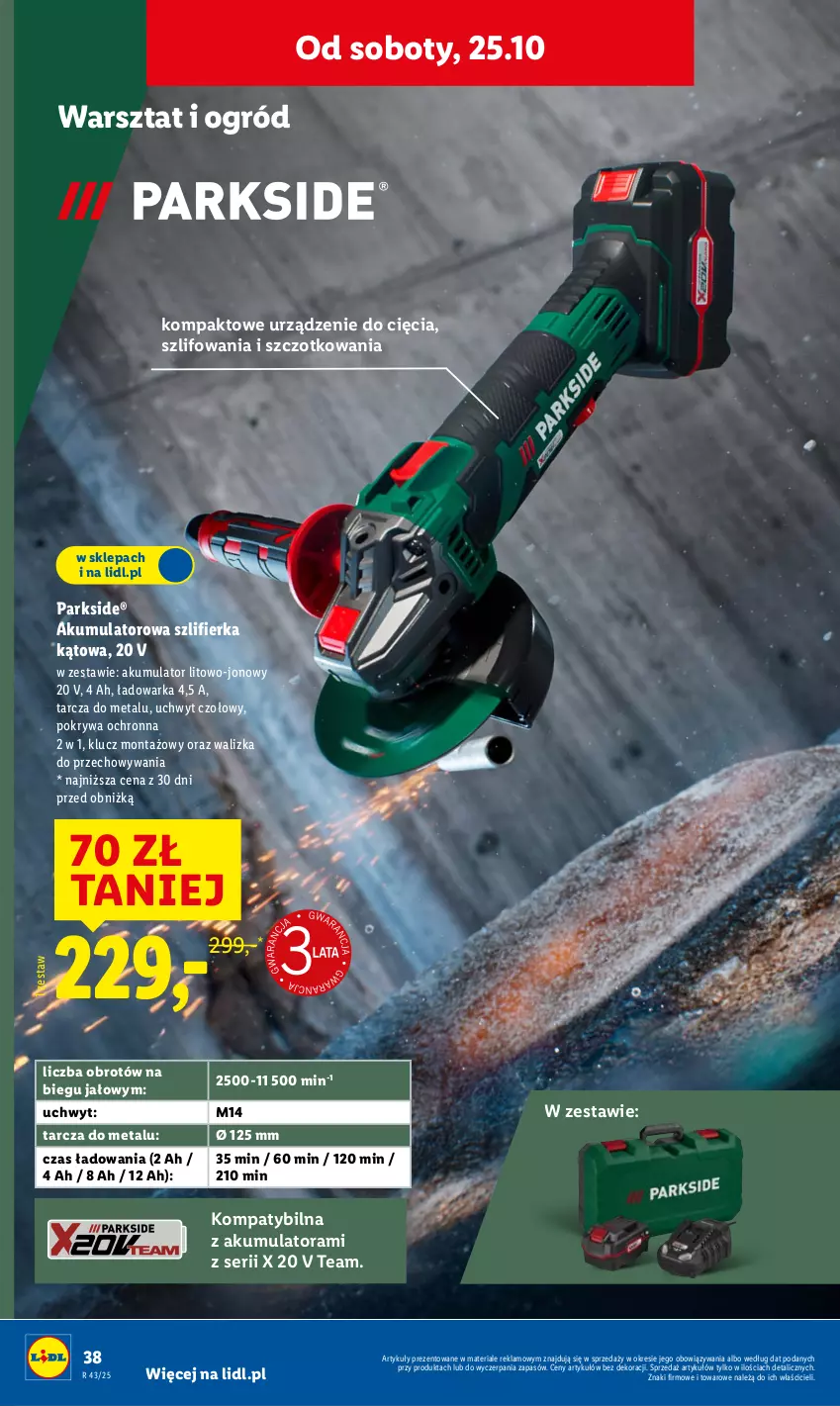 Gazetka promocyjna Lidl - GAZETKA - ważna 20.10 do 25.10.2025 - strona 42 - produkty: Akumulator, Ogród, Parkside, Pokrywa, Ser, Szlifierka, Szlifierka kątowa, Walizka, Warka