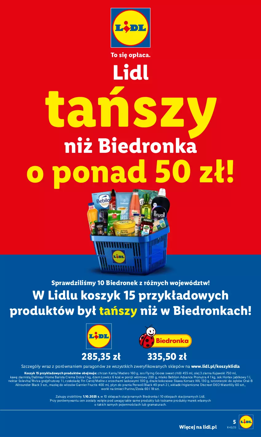 Gazetka promocyjna Lidl - GAZETKA - ważna 20.10 do 25.10.2025 - strona 5 - produkty: BEBILON, Chrzan, Dallmayr, Discreet, Dżem, Fructis, Garnier, Gra, Grejpfrut, Hortex, Kawa, Kokos, Kosz, Kujawski, Lack, Mleko, Mleko Bebilon, Nektar, Olej, Perwoll, Płyn do prania, Por, Pur, Rama, Sok, Sos, Wkładki, Worki na śmiec, Worki na śmieci