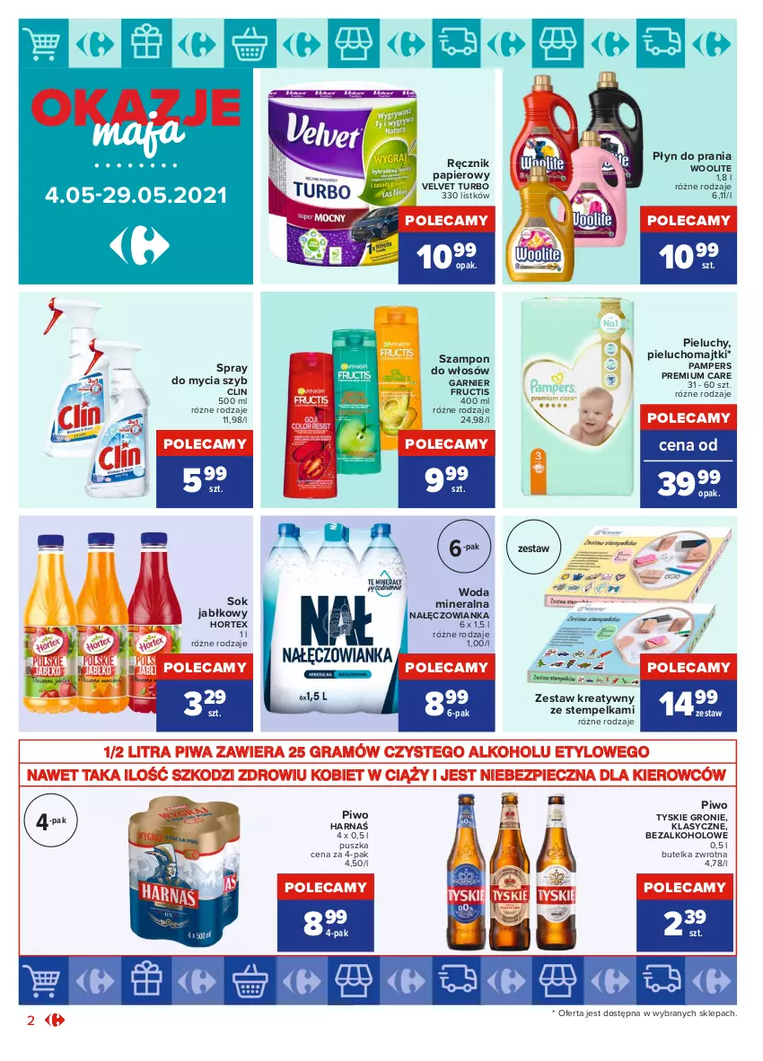 Gazetka promocyjna Carrefour - Gazetka Okazje Maja - ważna 03.05 do 29.05.2021 - strona 2 - produkty: Clin, Fructis, Garnier, Gra, Harnaś, Hortex, Majtki, Nałęczowianka, Pampers, Papier, Piec, Pieluchomajtki, Pieluchy, Piwa, Piwo, Płyn do prania, Ręcznik, Sok, Sok jabłkowy, Szampon, Tyskie, Velvet, Woda, Woda mineralna, Woolite