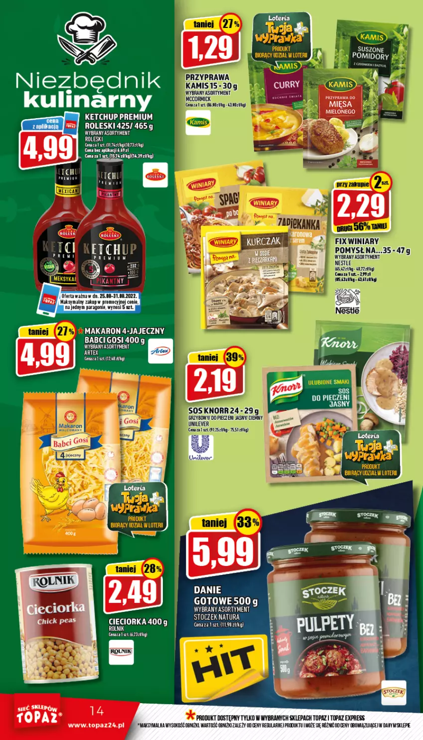 Gazetka promocyjna Topaz - Gazetka - ważna 25.08 do 31.08.2022 - strona 14 - produkty: Cieciorka, Makaron, Orka, Pomidory, Rolnik, Sok, Top