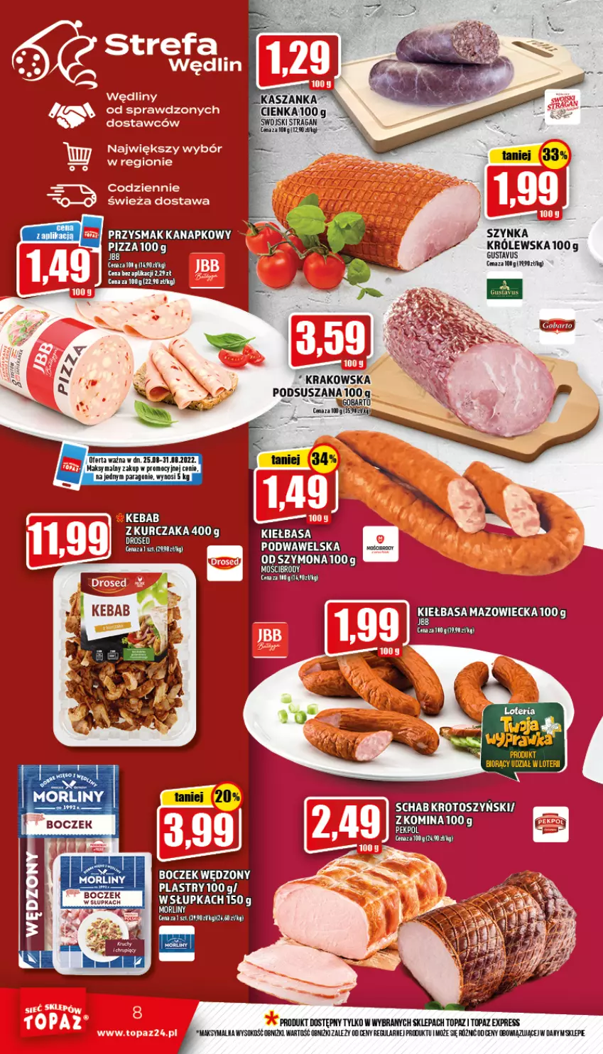 Gazetka promocyjna Topaz - Gazetka - ważna 25.08 do 31.08.2022 - strona 8 - produkty: Fa, Kasza, Kaszanka, Kebab, Kiełbasa, Kurczak, Schab krotoszyński, Sok, Szynka, Top