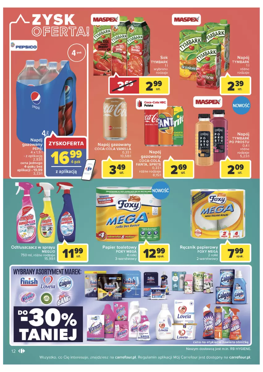 Gazetka promocyjna Carrefour - Gazetka Market Zyskoteka - ważna 05.07 do 16.07.2022 - strona 12 - produkty: Coca-Cola, Fa, Fanta, Foxy, Napój, Napój gazowany, Odtłuszczacz, Papier, Ręcznik, Rolki, Sok, Sprite, Tymbark