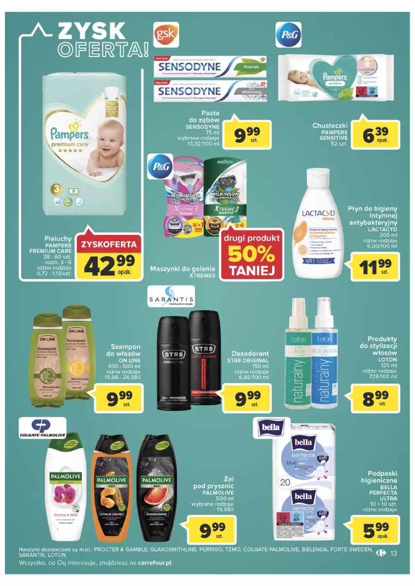 Gazetka promocyjna Carrefour - Gazetka Market Zyskoteka - ważna 05.07 do 16.07.2022 - strona 13 - produkty: Bielenda, Chusteczki, Colgate, Dezodorant, Emulsja, Fa, Gin, Lactacyd, LG, Palmolive, Pampers, Pieluchy, Płyn do higieny intymnej, Podpaski, Sensodyne, Str8, Szampon, Tonik