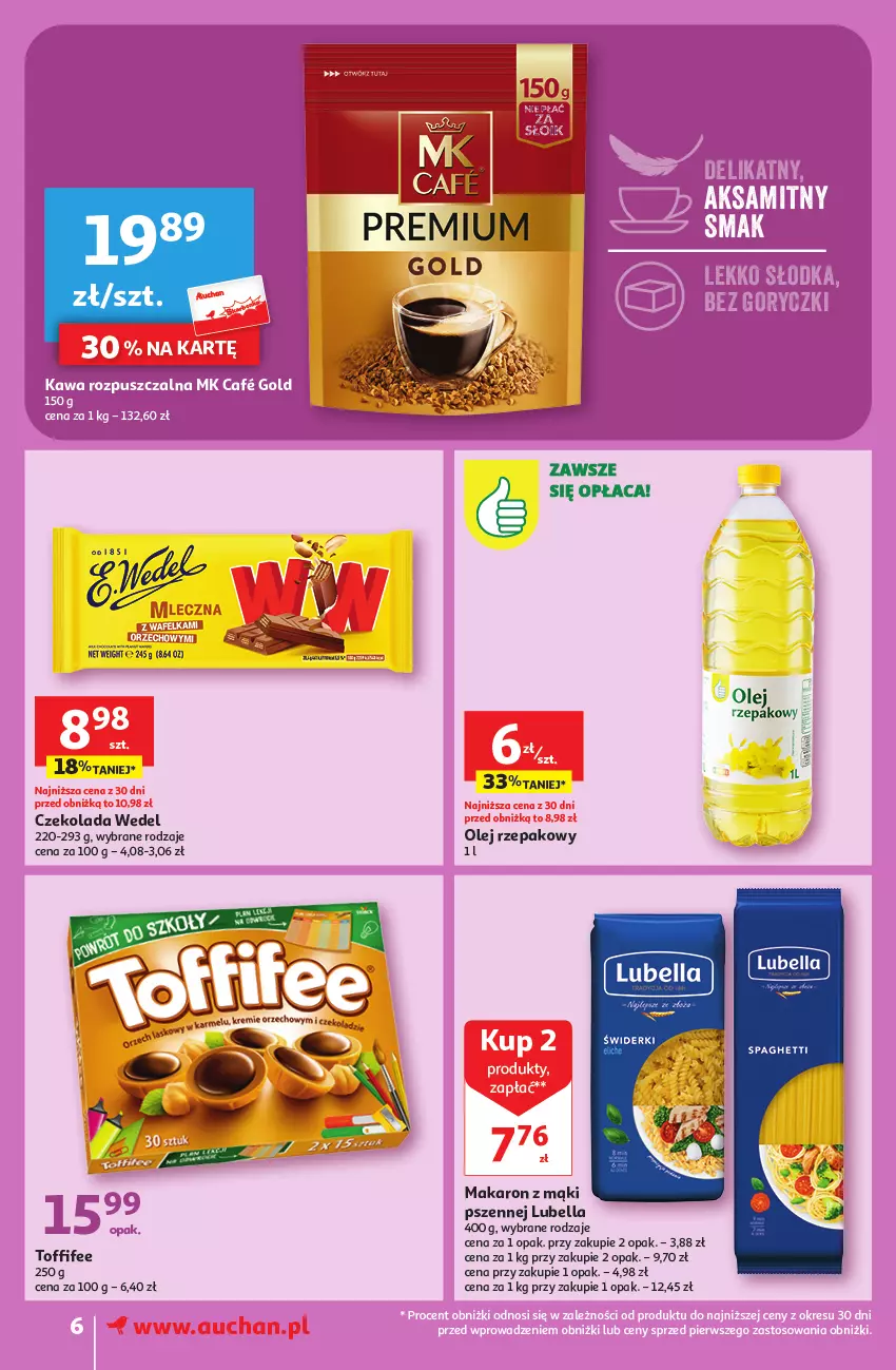 Gazetka promocyjna Auchan - Gazetka Oferta tygodnia Supermarket Auchan - ważna 07.09 do 13.09.2023 - strona 6 - produkty: Bell, Bella, Czekolada, LG, Lubella, Makaron, Olej, Olej rzepakowy, Spaghetti, Toffifee