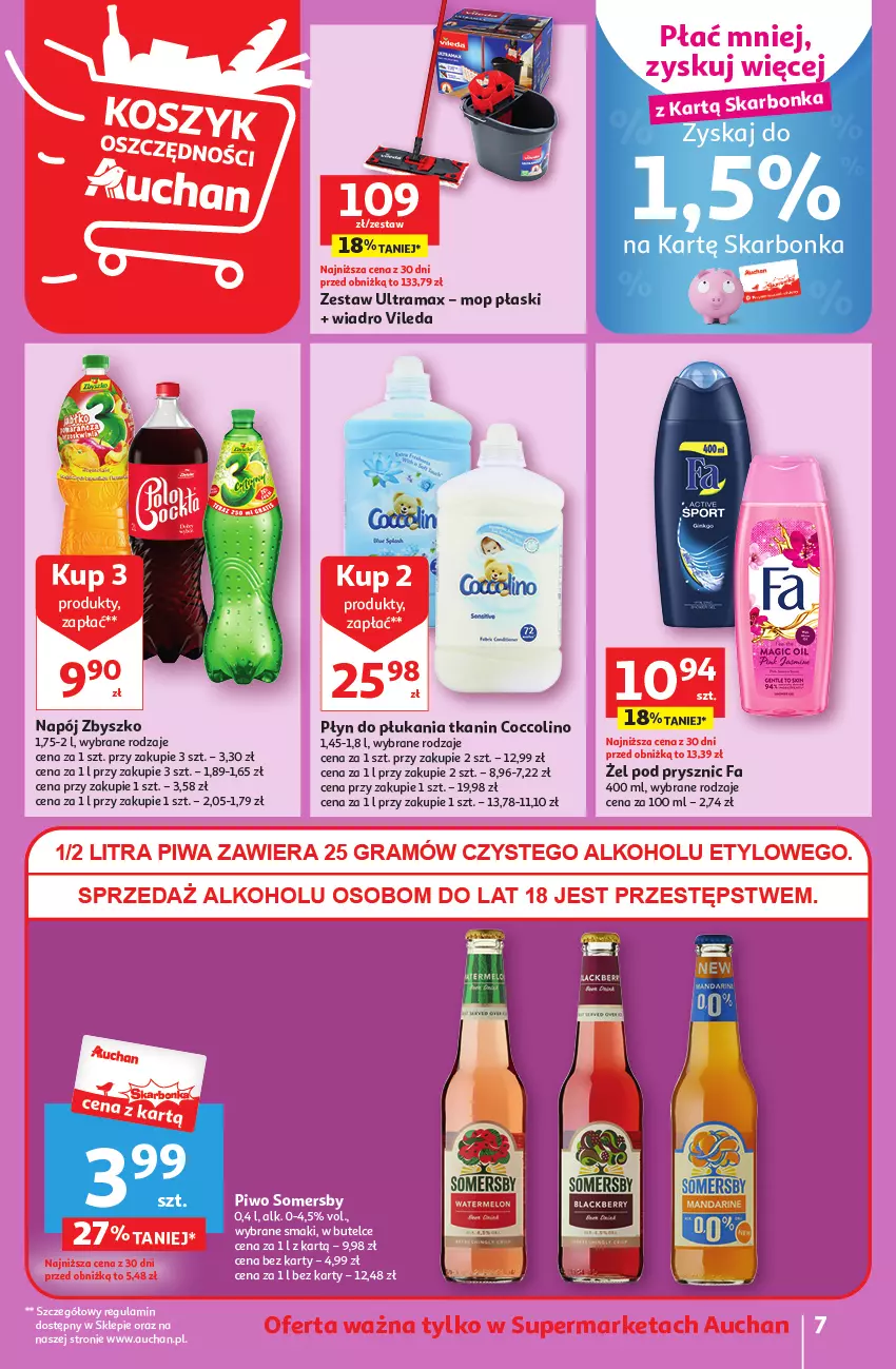 Gazetka promocyjna Auchan - Gazetka Oferta tygodnia Supermarket Auchan - ważna 07.09 do 13.09.2023 - strona 7 - produkty: Coccolino, Fa, Mop, Napój, Piwo, Płyn do płukania, Rama, Somersby, Tran, Vileda, Wiadro